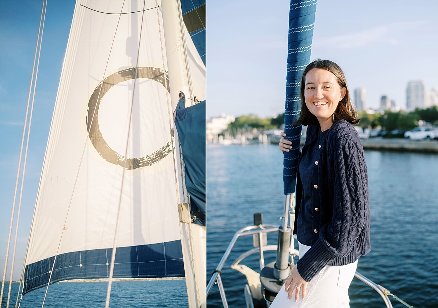 woman leans against pole on sailboat