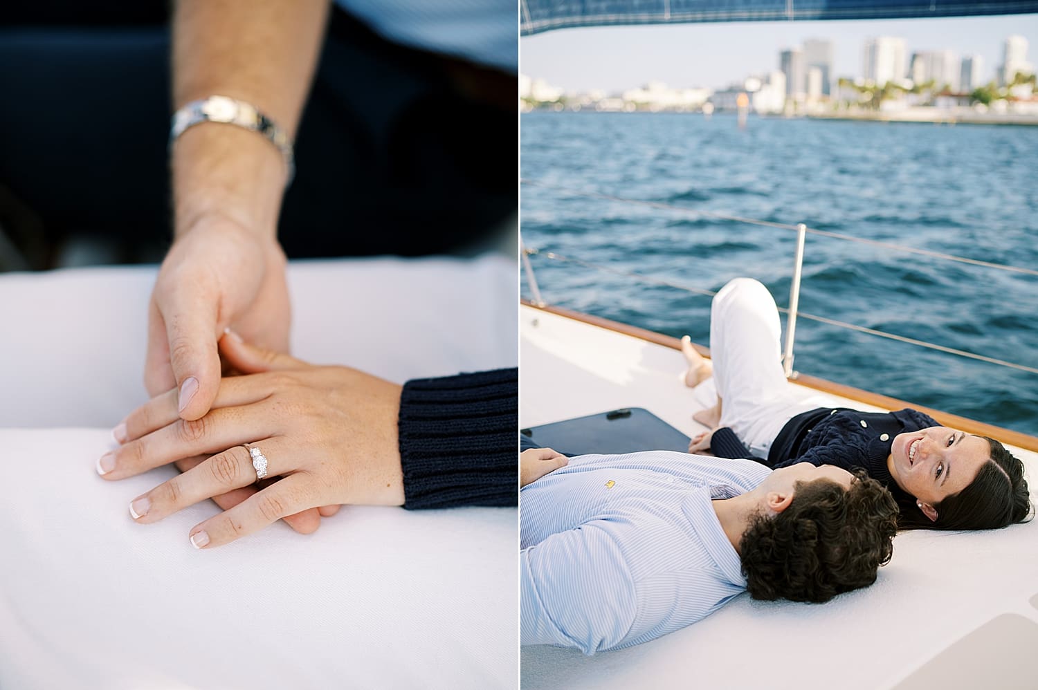couple hold hands as they lay on sailboat in Tampa, FL