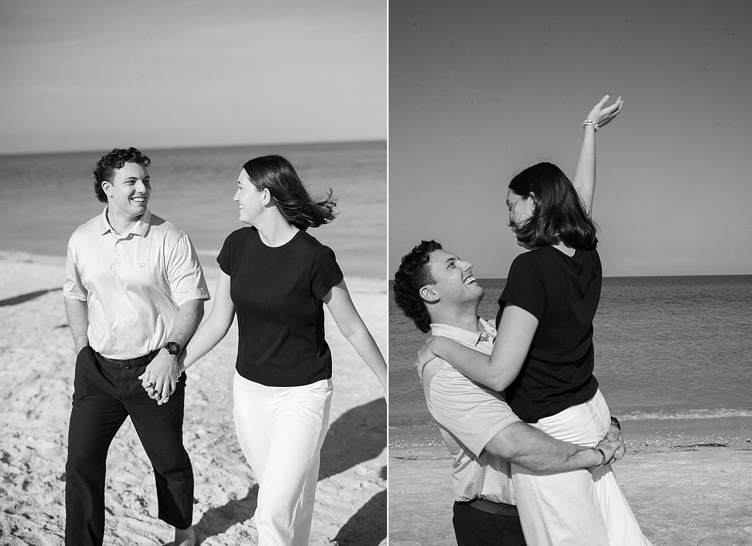 candid photos of engaged couple laughing on the beach as they walk together and hug