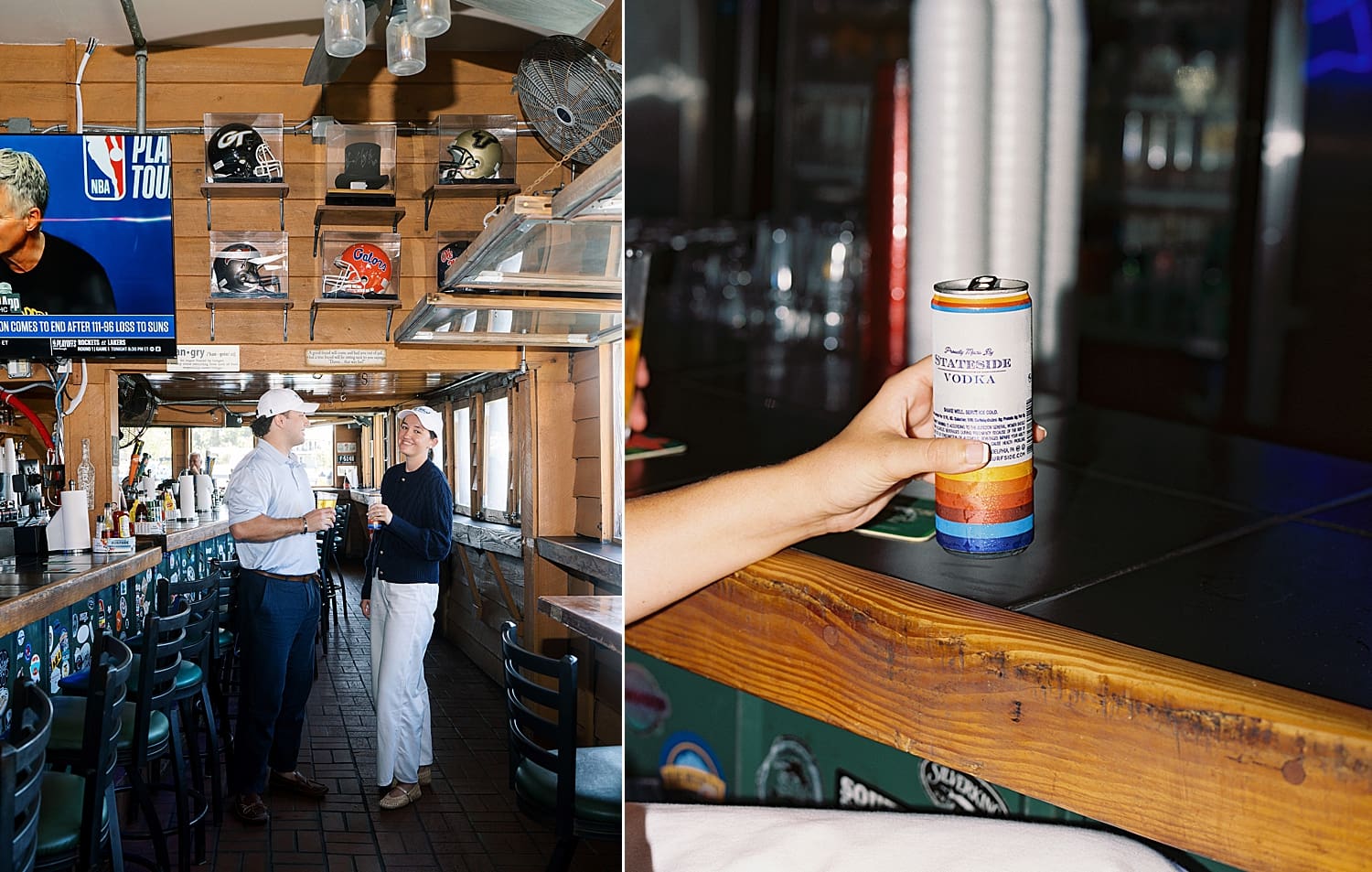The Wharf Restaurant engagement photos of couple enjoying a drink