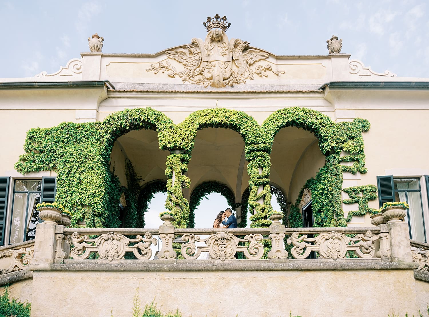 wedding portraits of couple at Loggia Durini of Villa del Balbianello 