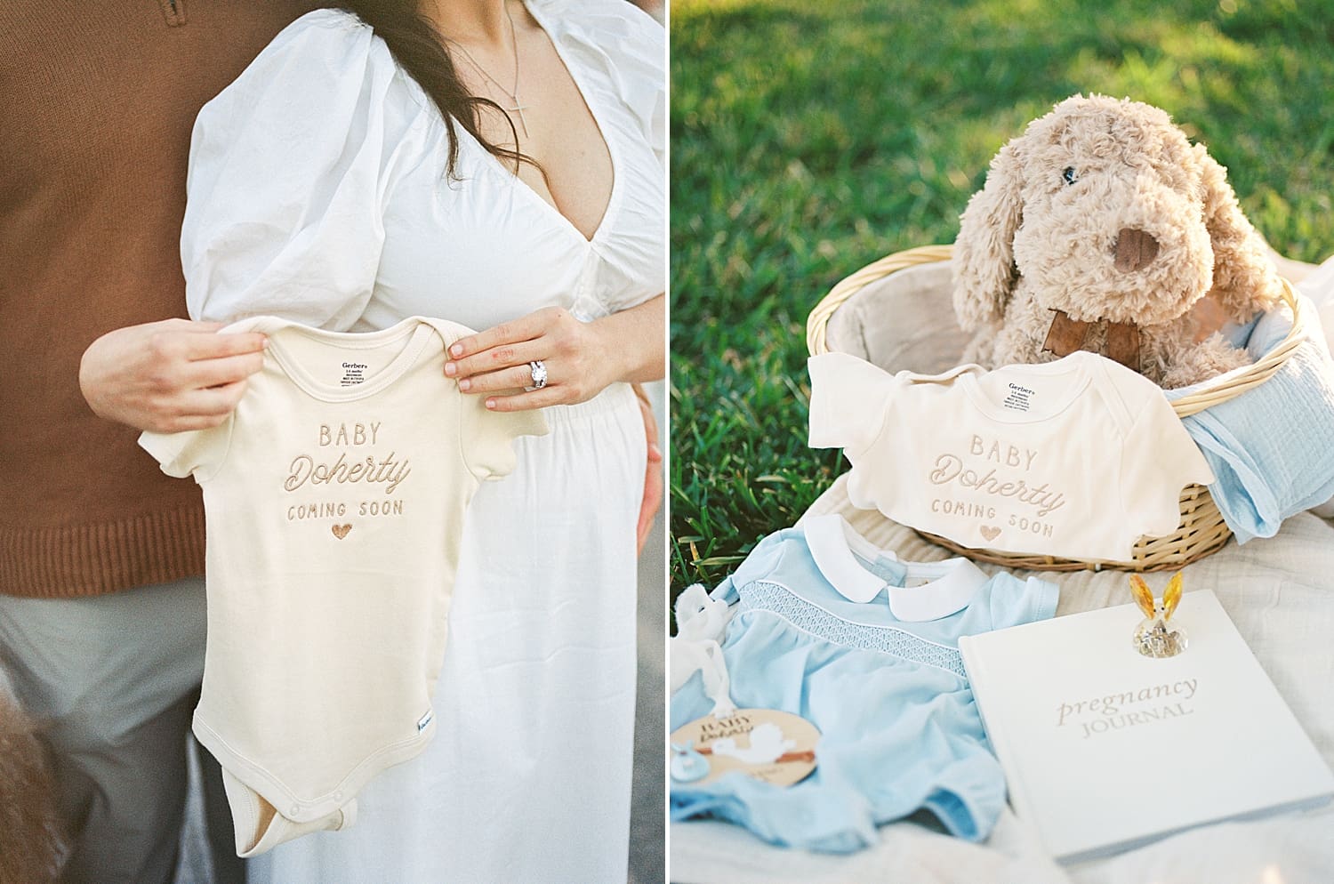 parents hold up personalized onesie and have stuffed dog and baby boy outfit as props for maternity session