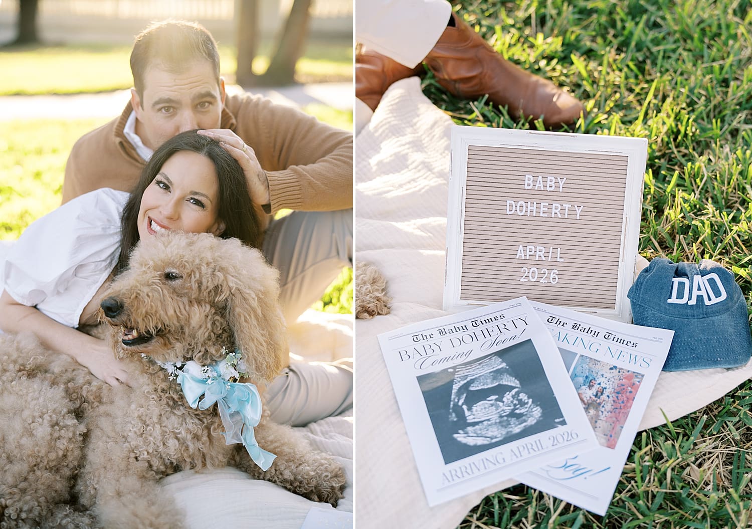 couple lay next to their dog on blanket in park during maternity session