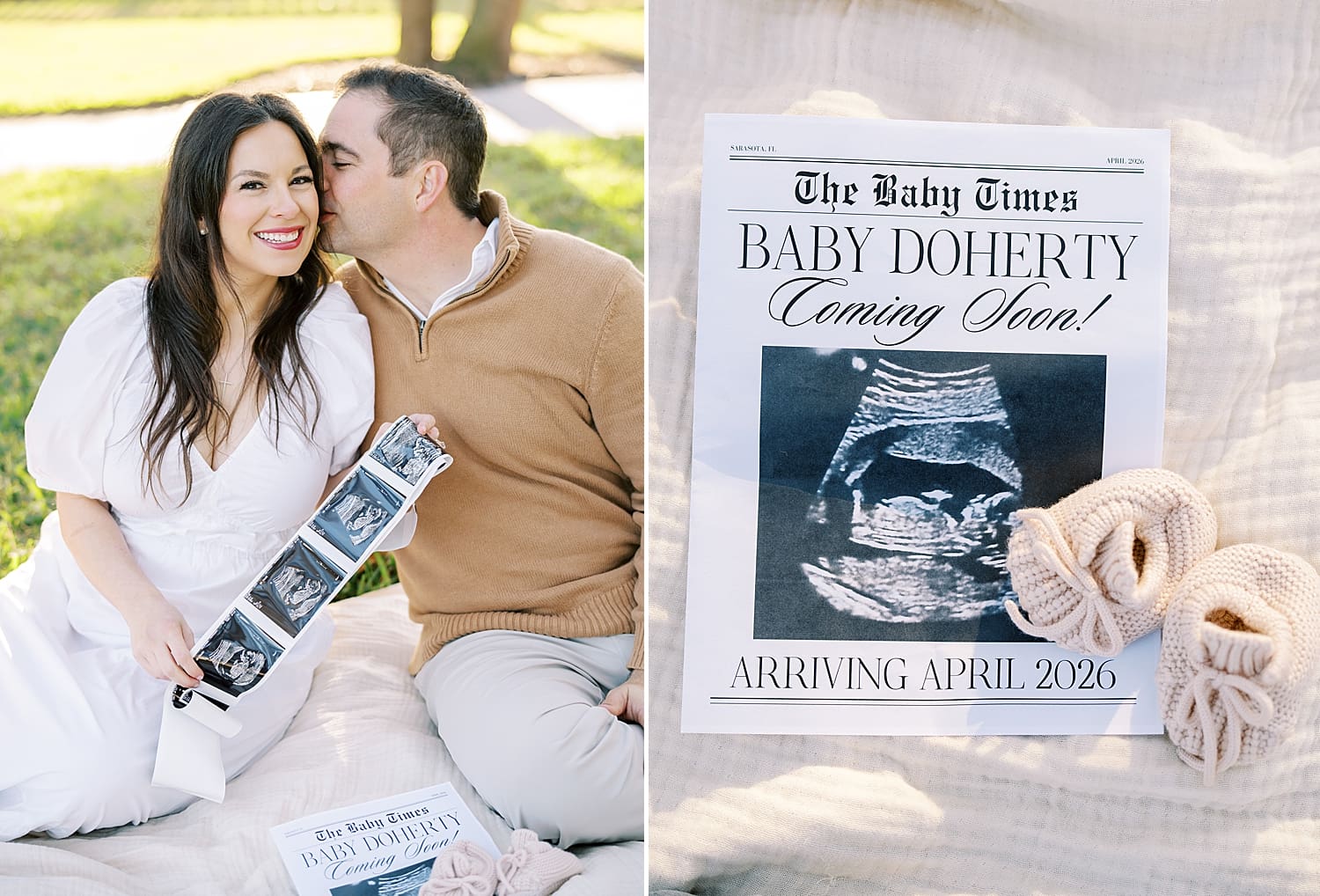 custom newspaper pregnancy announcement with little baby booties sitting next to it