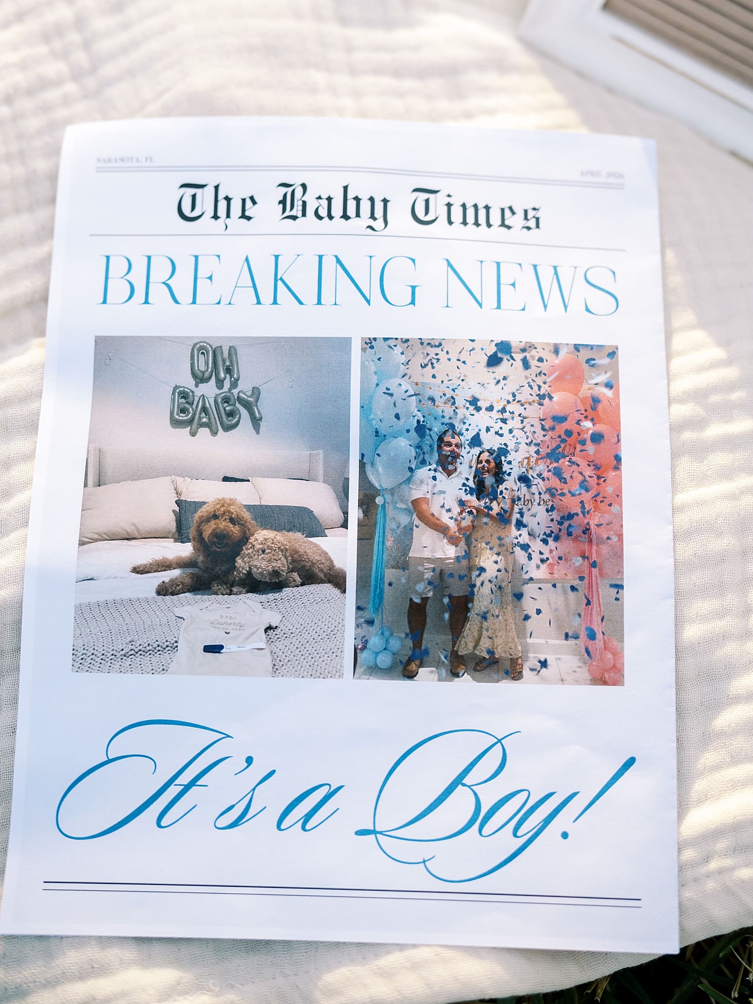 breaking news gender reveal in custom newspaper for maternity session