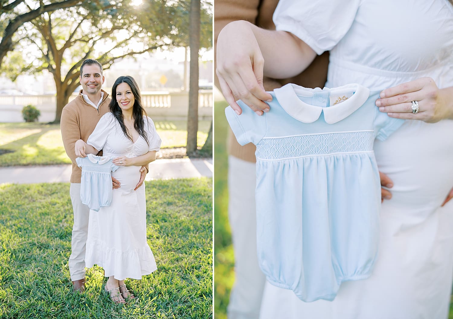 couple holding blue outfit to symbolize baby boy's arrival
