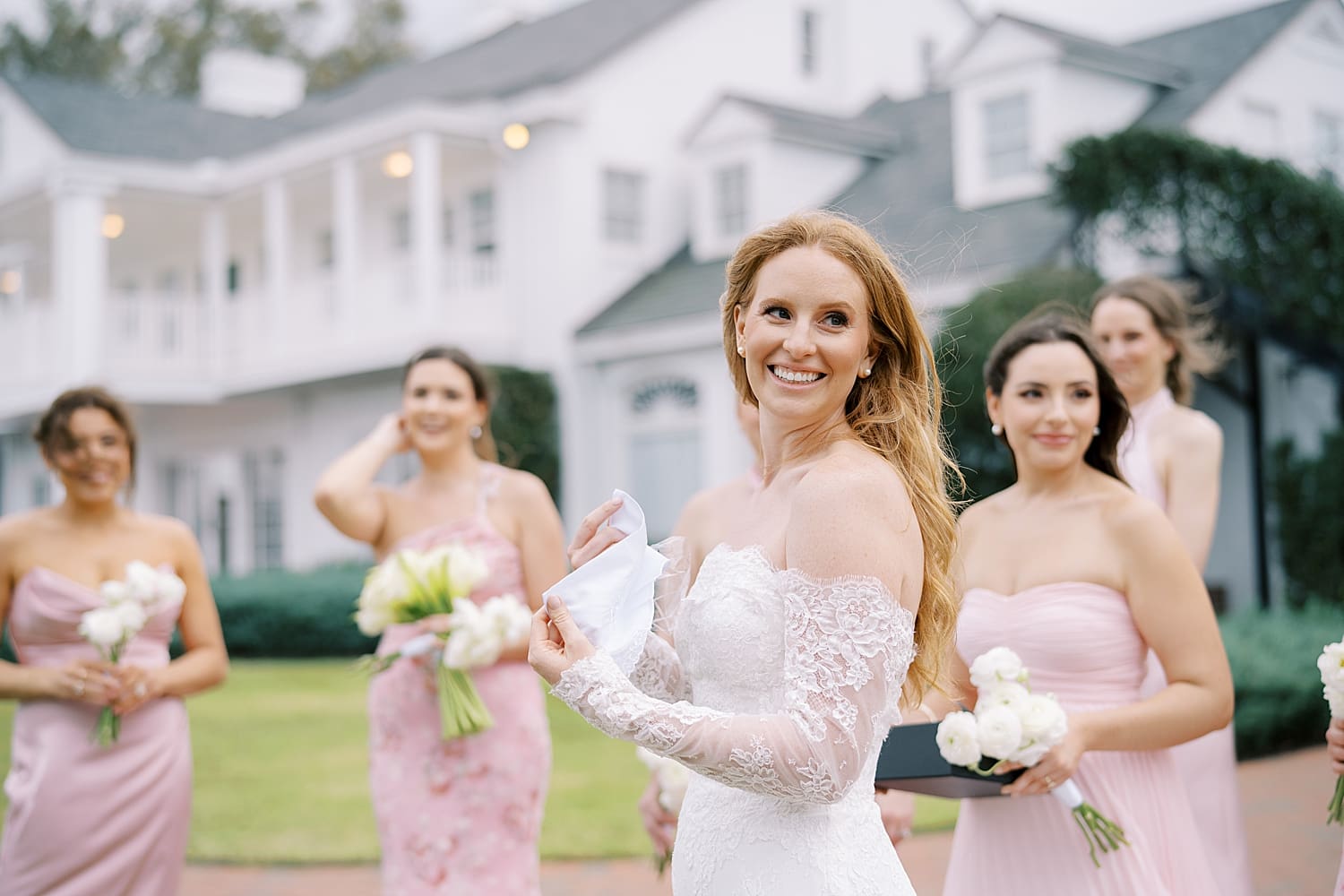 bride and bridesmaids portraits in blush pink dresses