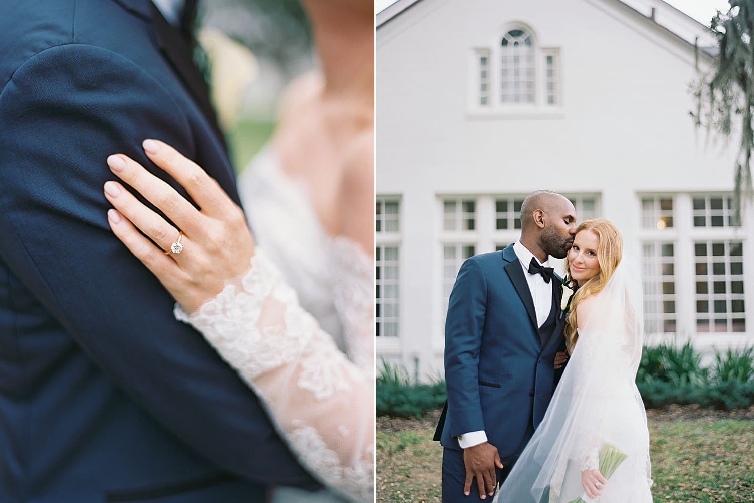 bride with rings on kisses groom