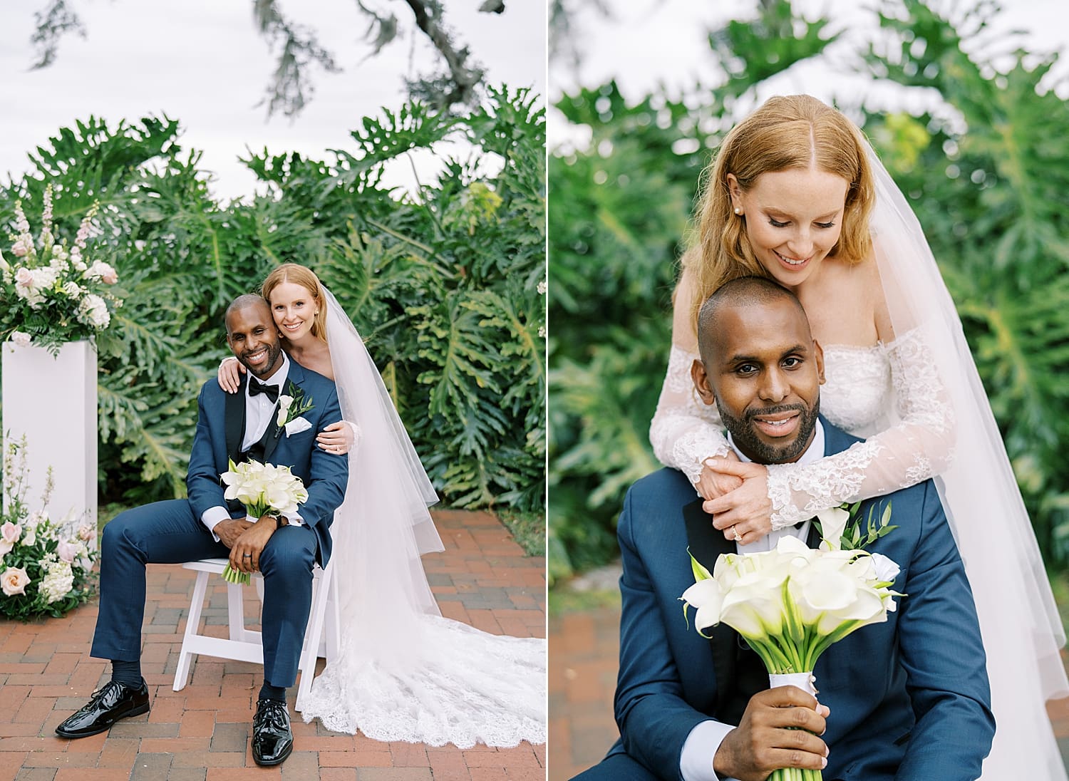 newlywed photos with groom sitting in white chair and bride hugging him