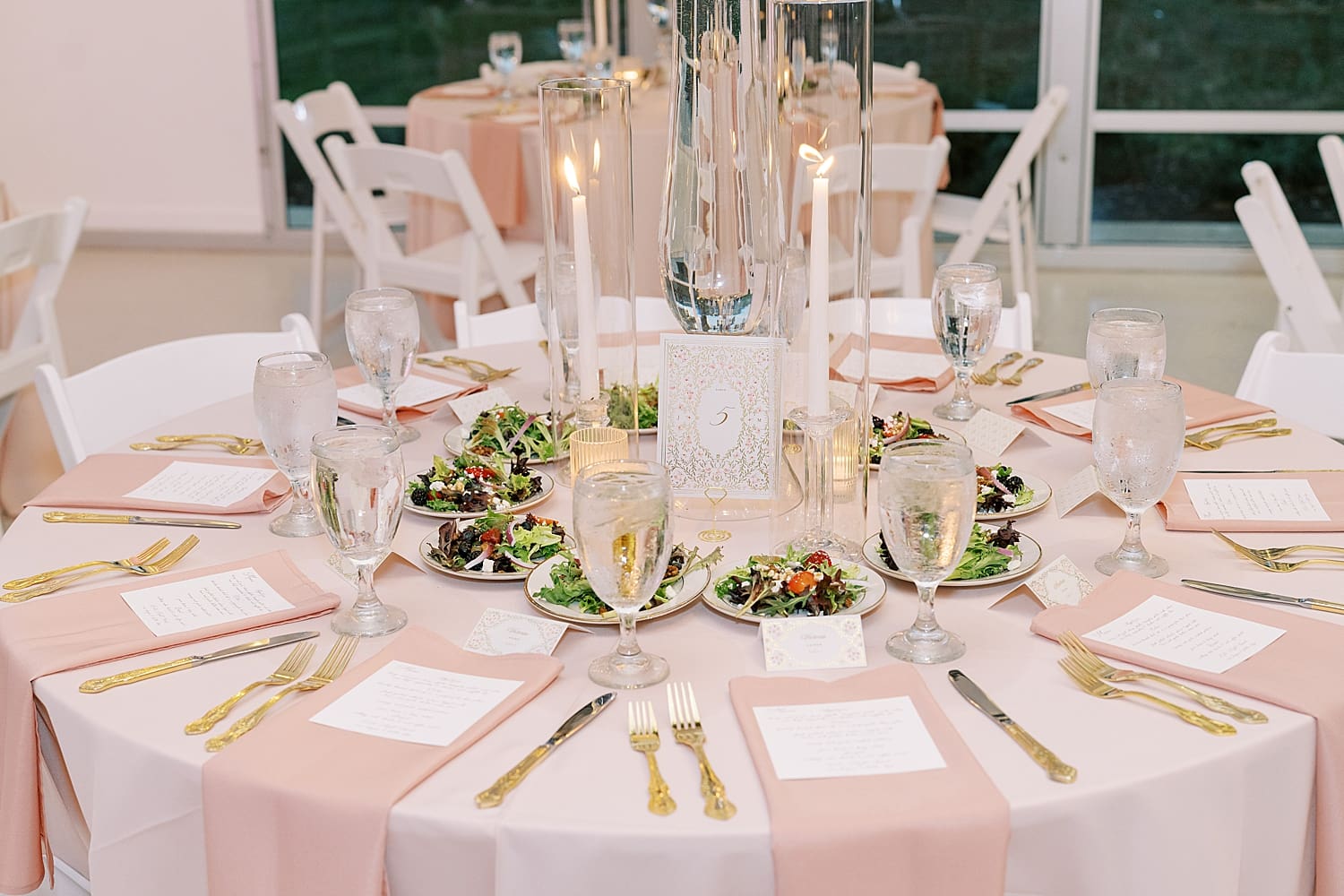 Romantic Adams Estate Wedding reception details with blush pink and white linens and flowers