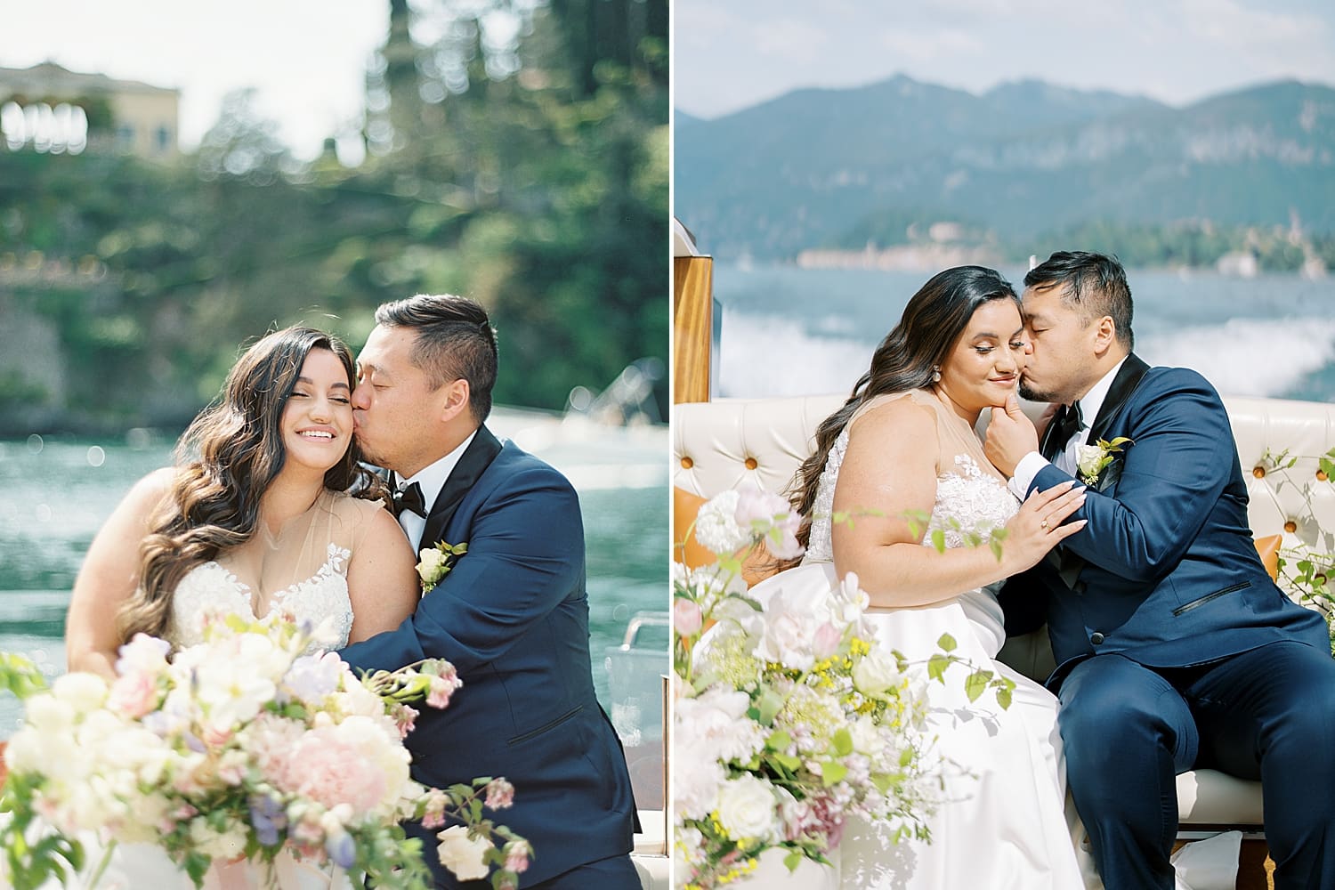 Romantic Villa del Balbianello Wedding photos of couple on boat in Lake Como Italy