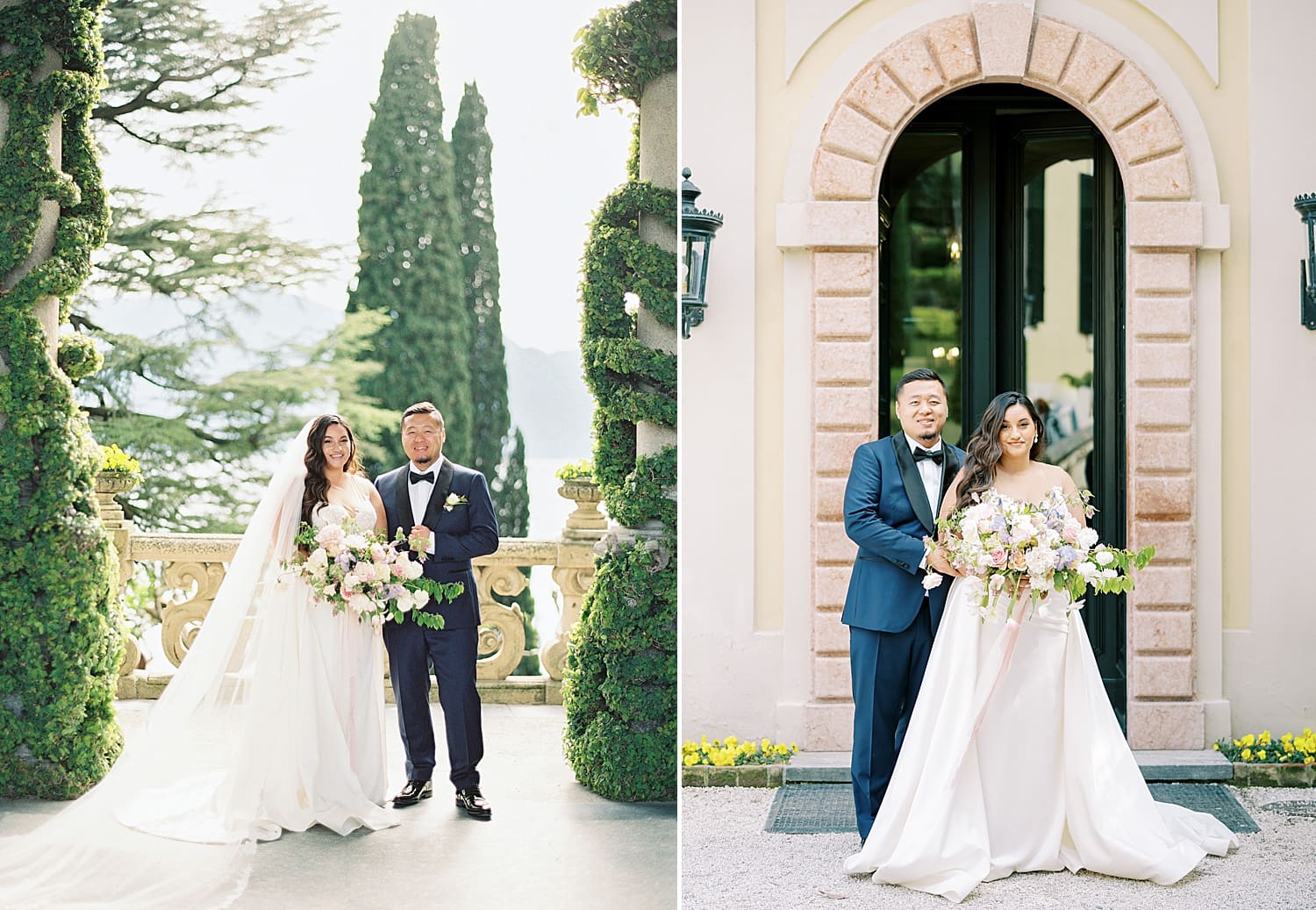 bride and groom explore the stunning property of Villa del Balbianello in Lake Como Italy