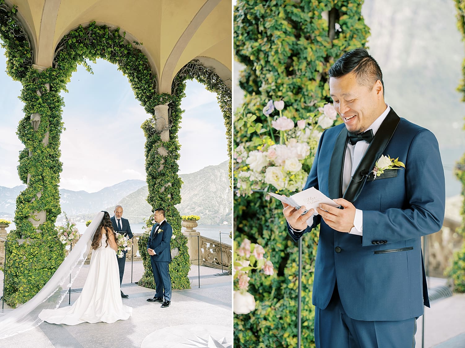 bride and groom exchange handwritten vows at Villa del Balbianello elopement