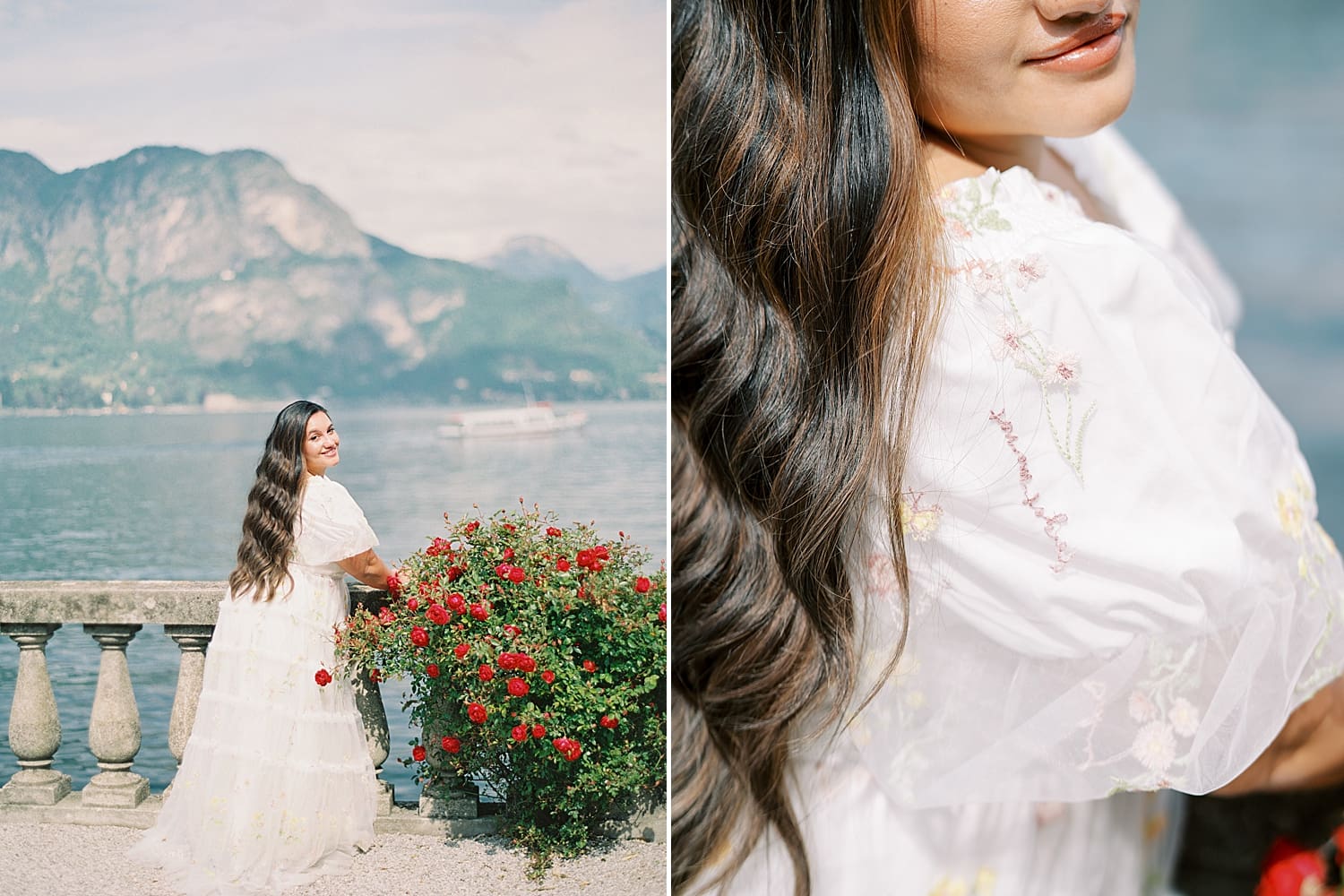 woman in romantic dress with embroidered flowers stands on balcony to take in the views of the mountains and Lake Como