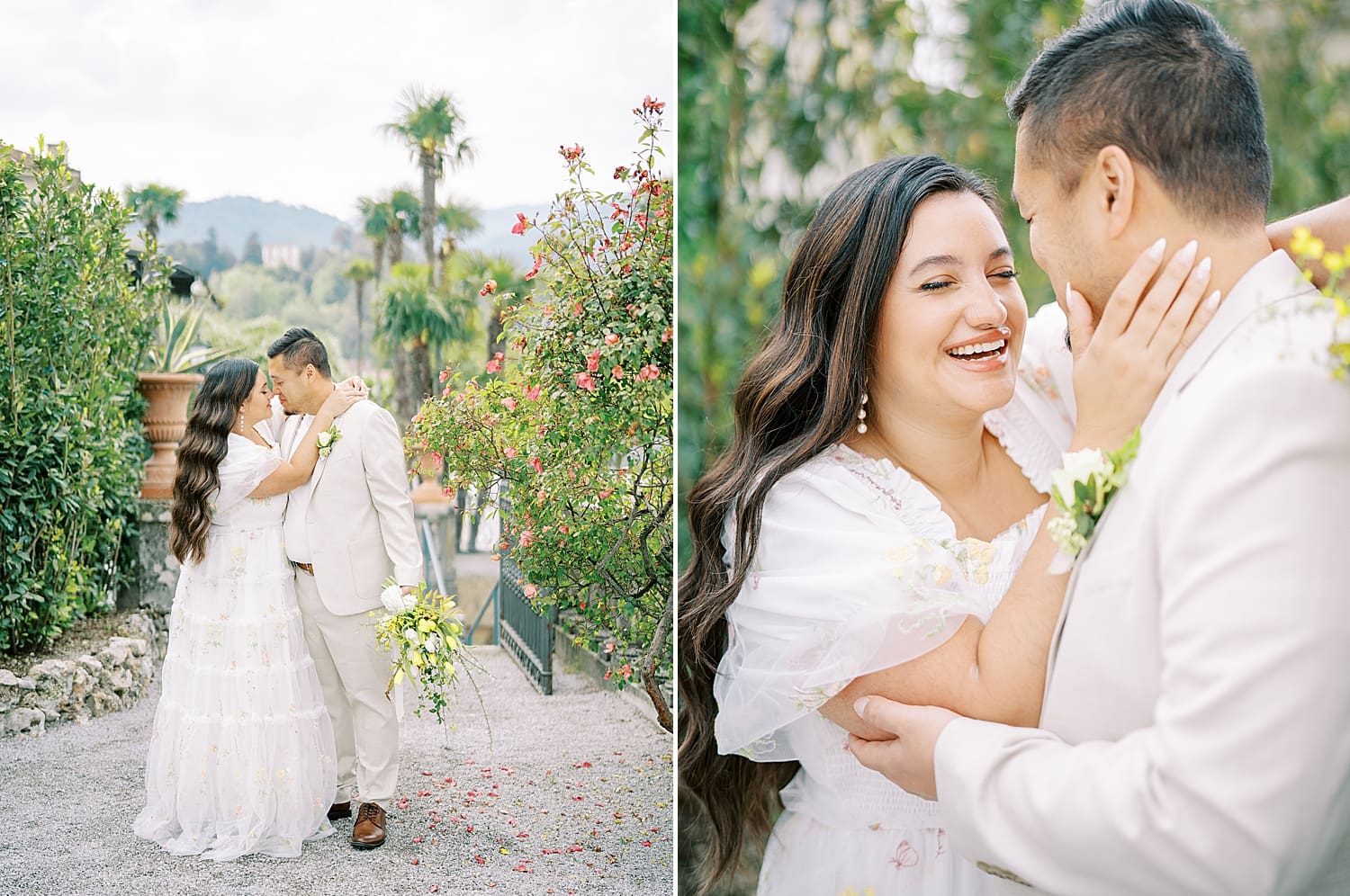 couple laughs together during newlywed session in gardens of Villa Serbelloni