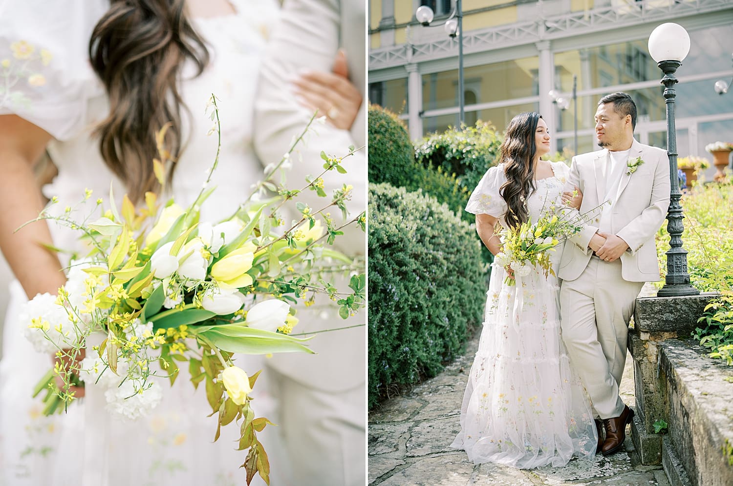 woman holds bouquet of white and yellow flowers during Lake Como Engagement Session in Bellagio